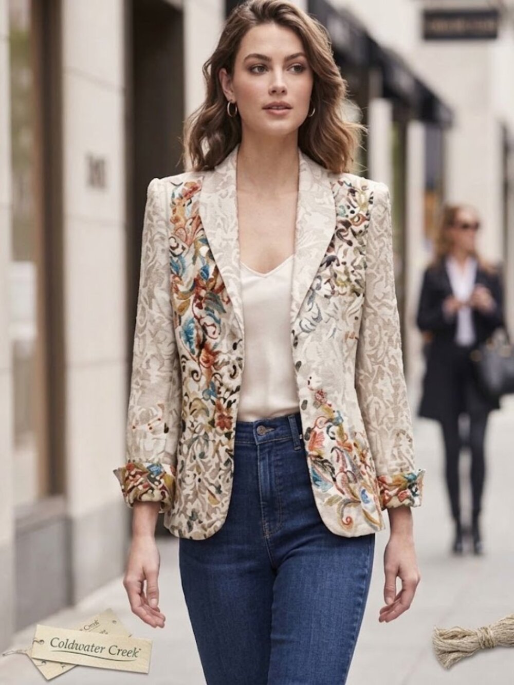 Vintage Coldwater Creek Tapestry Blazer Jacket Size 12 Boho Embroidered Linen